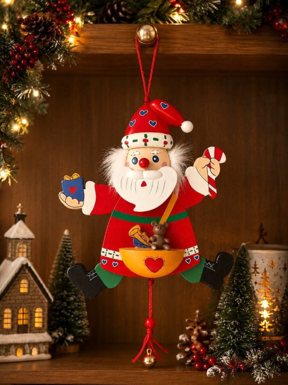 Vintage German Wood Pull Santa Ornament Hornberger Uhrenspiele Christmas Décor - Picture 1 of 7
